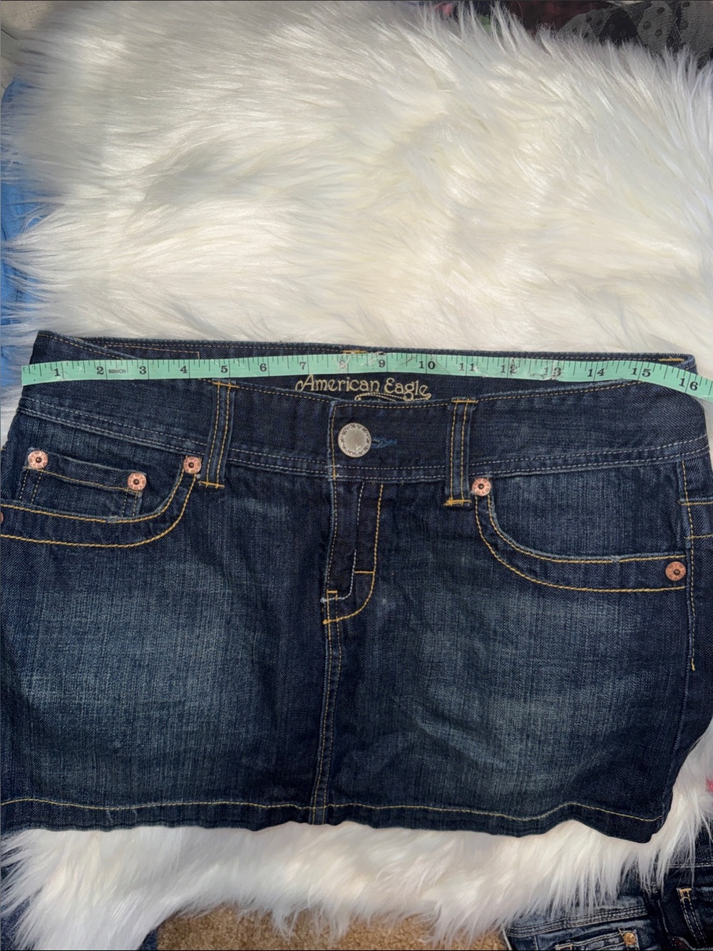 American Eagle Outfitters Dark Blue Denim Mini Skirt with Contrast Stitching